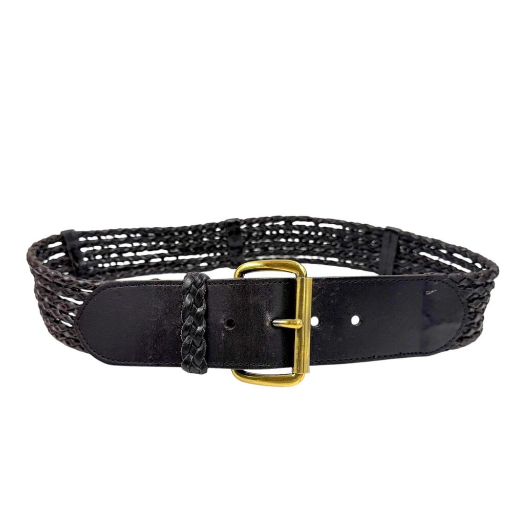 Vintage Brighton 80s 90s Black Braided Boho Western Leather Belt Brass Buckle L